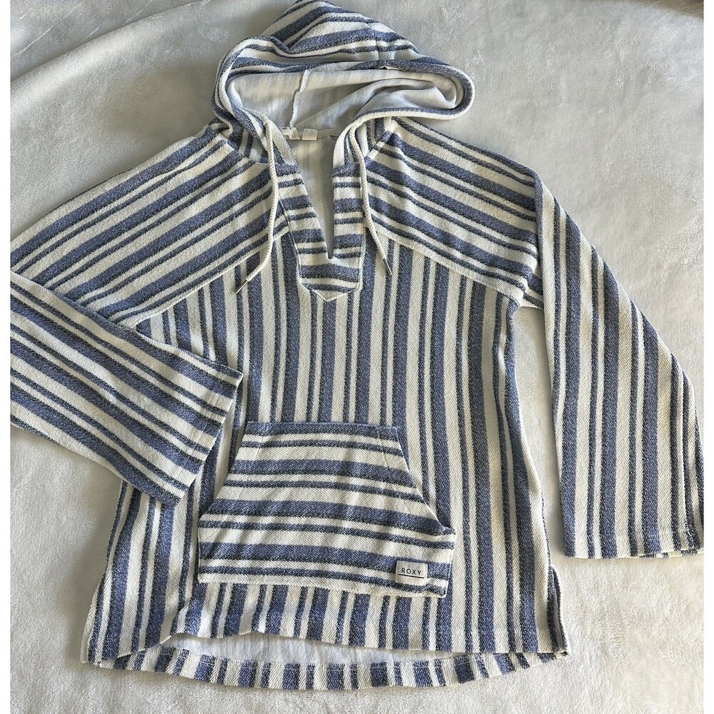 Roxy Poncho Hoodie Sweatshirt Striped Beach Terry Blue White V-Neck Small